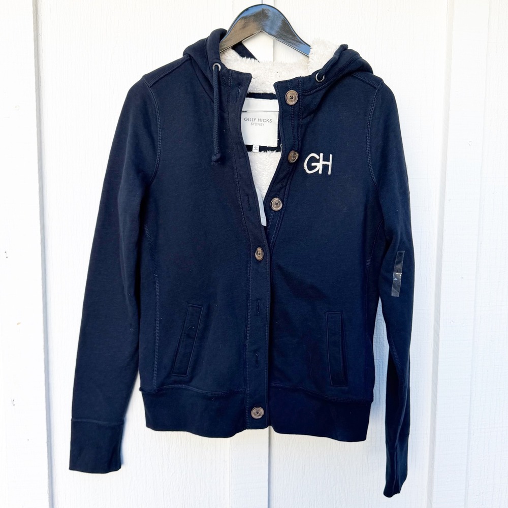 Gilly Hicks Sydney Navy Blue Sherpa Lined Button Front Hoodie Sweatshirt Large